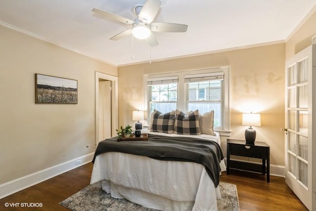5825 Rockhill Rd, Kansas City, MO 64110 - bedroom with wood finished floors, baseboards, ornamental molding, and a ceiling fan
