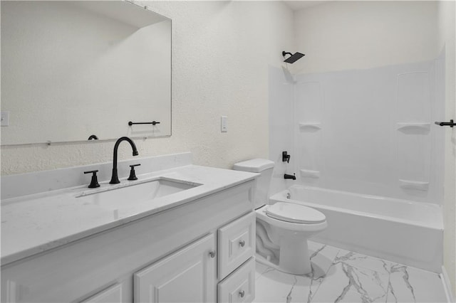 bathroom with a textured wall, toilet, vanity, and bathtub / shower combination