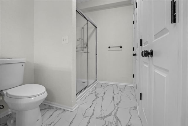 full bath with marble finish floor, baseboards, and a stall shower
