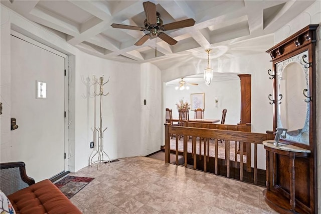 19864 211th St, Tonganoxie, KS 66086 - foyer featuring a ceiling fan, coffered ceiling, and beam ceiling