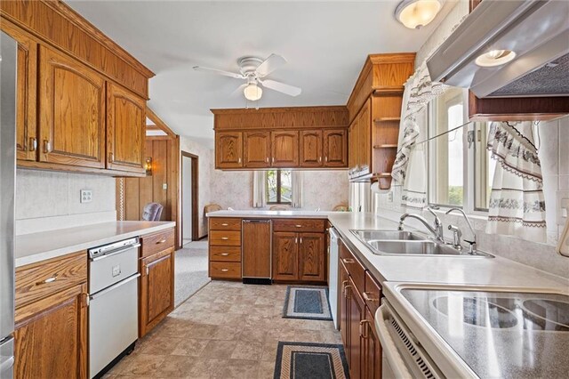 19864 211th St, Tonganoxie, KS 66086 - kitchen featuring brown cabinetry, a ceiling fan, open shelves, white appliances, and extractor fan
