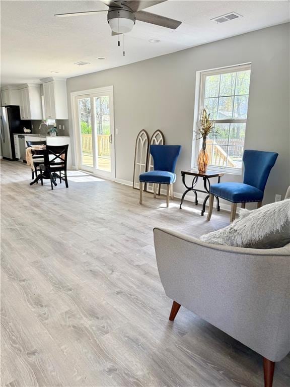 112 Benton St, Pleasant Hill, MO 64080 - living area featuring visible vents, a wealth of natural light, a ceiling fan, and light wood finished floors
