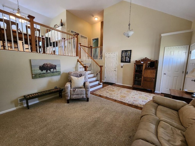 5773 Meadow Heights Dr, Shawnee, KS 66226 - living area featuring high vaulted ceiling, carpet floors, stairway, and baseboards