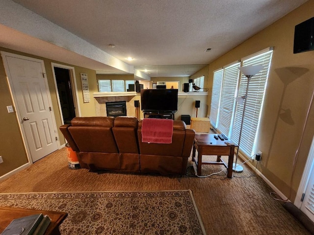 5773 Meadow Heights Dr, Shawnee, KS 66226 - carpeted living area with a fireplace, healthy amount of natural light, baseboards, and a textured ceiling