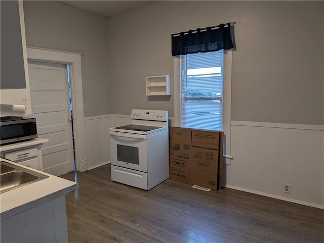 kitchen with electric range, a sink, light countertops, stainless steel microwave, and dark wood-style floors