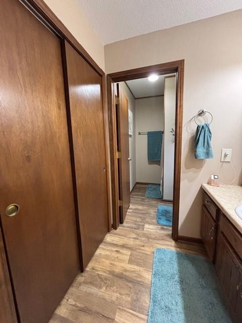 bathroom with wood finished floors, vanity, and a textured ceiling