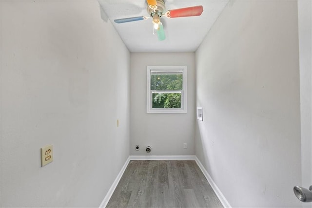 washroom with laundry area, ceiling fan, wood finished floors, washer hookup, and baseboards