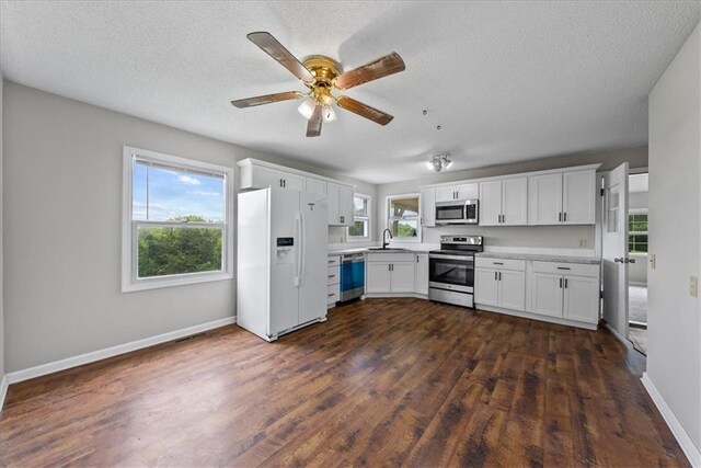 kitchen with dark wood finished floors, white cabinetry, a healthy amount of sunlight, and stainless steel appliances