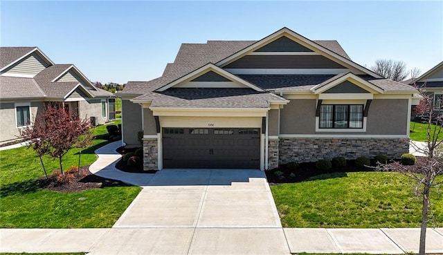 11481 S Waterford Dr, Olathe, KS 66061 - craftsman-style house with a shingled roof, stucco siding, a front lawn, and stone siding
