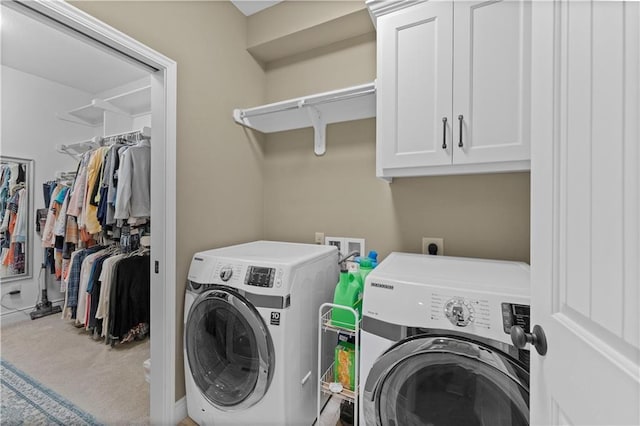 11481 S Waterford Dr, Olathe, KS 66061 - washroom featuring carpet floors, cabinet space, and washer and clothes dryer