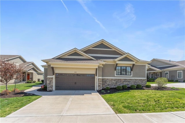 11481 S Waterford Dr, Olathe, KS 66061 - craftsman house with an attached garage, a front yard, stone siding, and concrete driveway