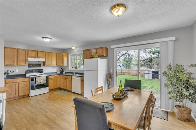 kitchen featuring a textured ceiling, light wood-style flooring, a sink, under cabinet range hood, and white appliances