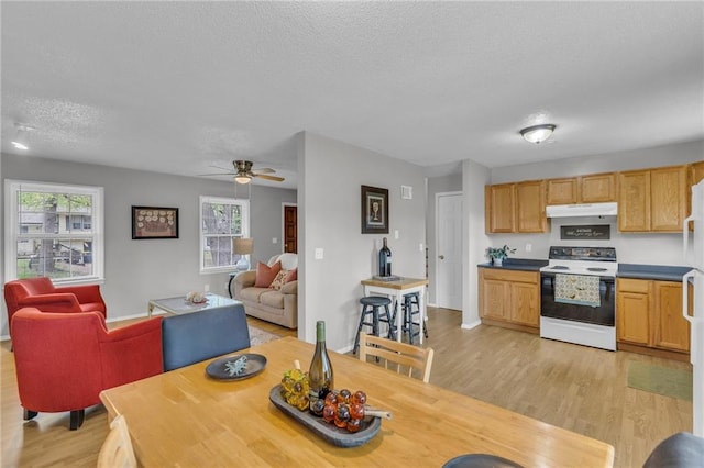 interior space with light wood-style floors, under cabinet range hood, electric range oven, ceiling fan, and a textured ceiling