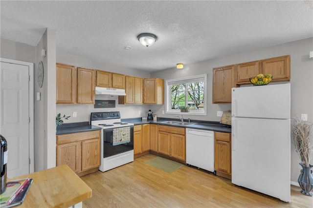 kitchen featuring white appliances, under cabinet range hood, dark countertops, a sink, and a textured ceiling