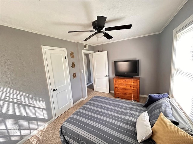 7940 Hickman Mills Dr, Kansas City, MO 64132 - bedroom featuring carpet flooring, crown molding, baseboards, ceiling fan, and a textured wall