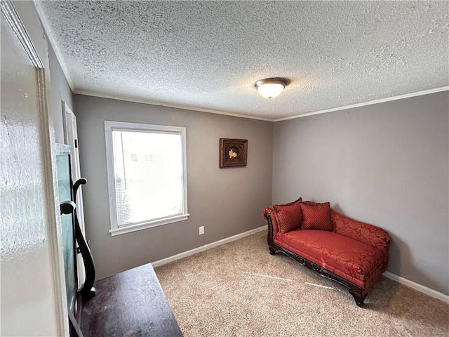7940 Hickman Mills Dr, Kansas City, MO 64132 - sitting room featuring ornamental molding, carpet, baseboards, and a textured ceiling