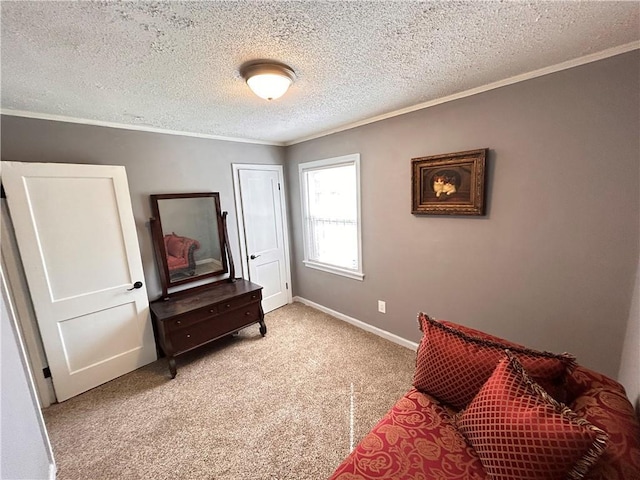 7940 Hickman Mills Dr, Kansas City, MO 64132 - bedroom with light colored carpet, crown molding, baseboards, and a textured ceiling