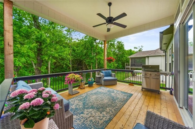 2428 W 179th St, Overland Park, KS 66085 - wooden terrace featuring a grill and a ceiling fan