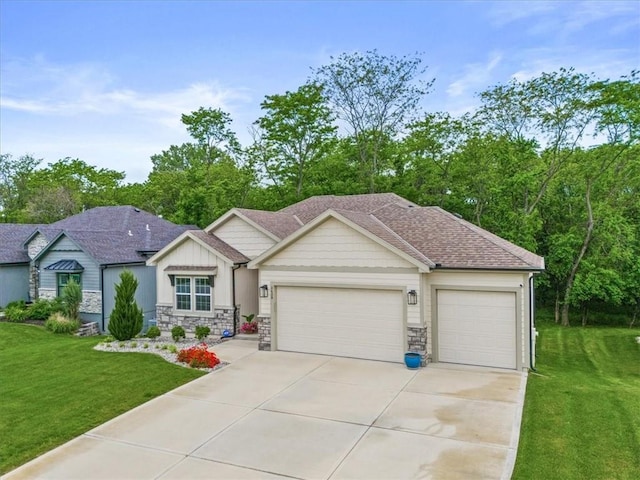2428 W 179th St, Overland Park, KS 66085 - view of front of home with a garage, stone siding, concrete driveway, and a front lawn