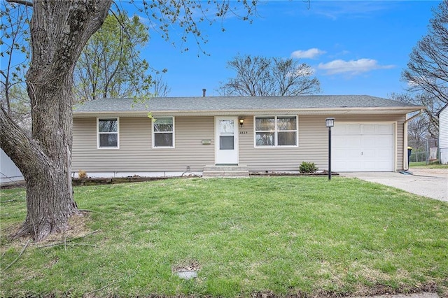 single story home featuring driveway, an attached garage, and a front lawn