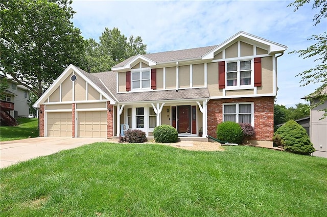 2406 NE 78th Ter, Kansas City, MO 64118 - view of front of house featuring a garage, a front lawn, concrete driveway, and brick siding