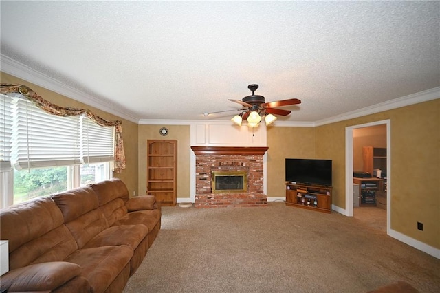2406 NE 78th Ter, Kansas City, MO 64118 - living room featuring carpet floors, a ceiling fan, a fireplace, baseboards, and a textured ceiling