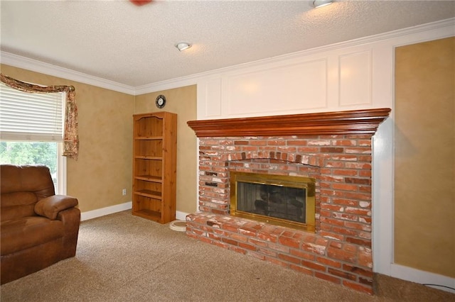 2406 NE 78th Ter, Kansas City, MO 64118 - carpeted living area with crown molding, a textured ceiling, a fireplace, and baseboards