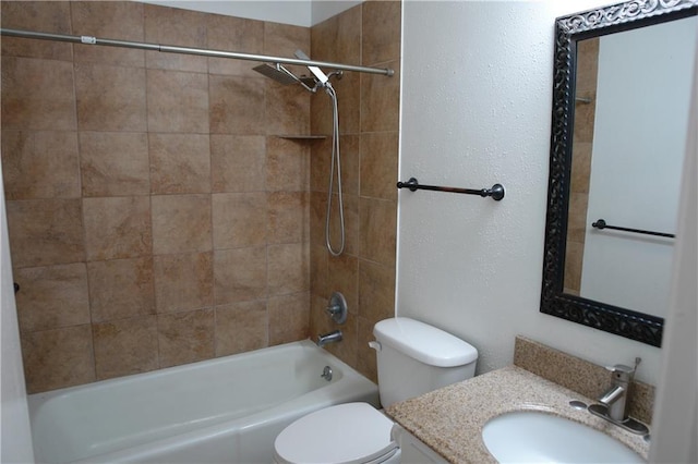 full bath with toilet, shower / bathtub combination, and vanity