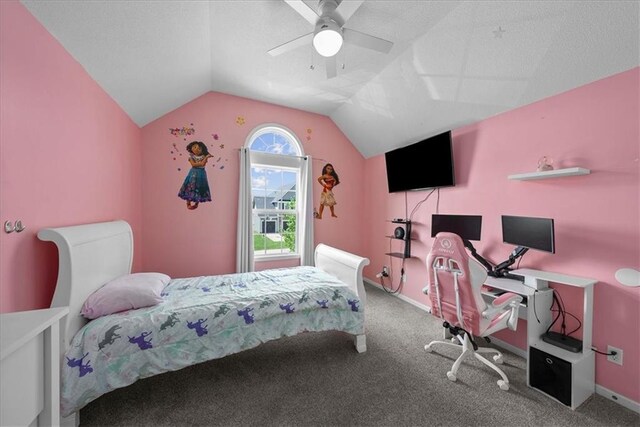 2357 SW Current Ct, Lees Summit, MO 64082 - carpeted bedroom featuring a ceiling fan, baseboards, and vaulted ceiling