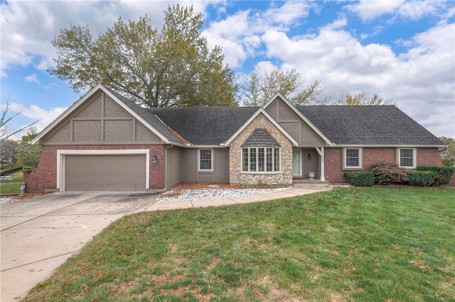 302 NW Bramble Trail Cir, Lees Summit, MO 64064 - view of front of house with concrete driveway, roof with shingles, an attached garage, stone siding, and a front yard
