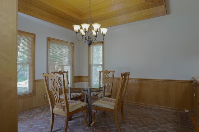 1313 NW 12th St, Blue Springs, MO 64015 - dining area with a wainscoted wall, brick floors, a chandelier, plenty of natural light, and wooden walls