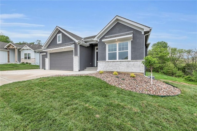 502 Seventh St, Smithville, MO 64089 - ranch-style house with a front yard, concrete driveway, stone siding, and stucco siding