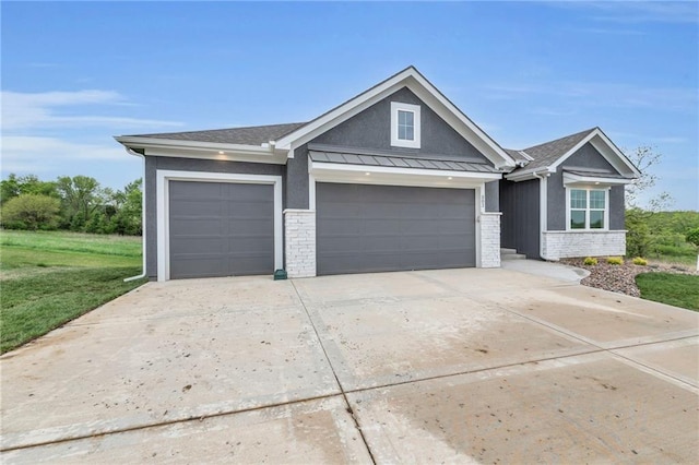 502 Seventh St, Smithville, MO 64089 - view of front of home with a garage, concrete driveway, a standing seam roof, a front yard, and stucco siding