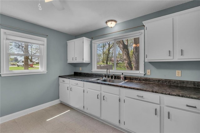kitchen with a sink, dark countertops, and plenty of natural light
