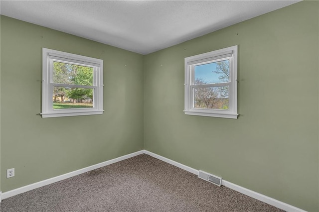 spare room featuring visible vents, baseboards, carpet, and a wealth of natural light