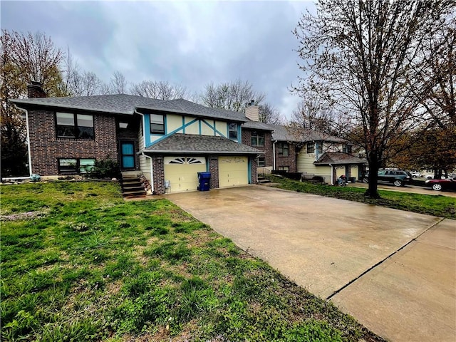 8200 Chas Cir, Pleasant Valley, MO 64068 - view of front of home featuring driveway, a front yard, brick siding, a garage, and a chimney