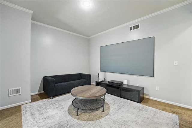 sitting room with crown molding, carpet flooring, and visible vents
