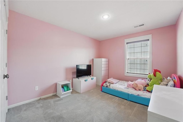 bedroom featuring carpet floors, recessed lighting, baseboards, and visible vents