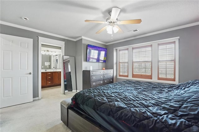 bedroom featuring visible vents, ornamental molding, a ceiling fan, and light colored carpet