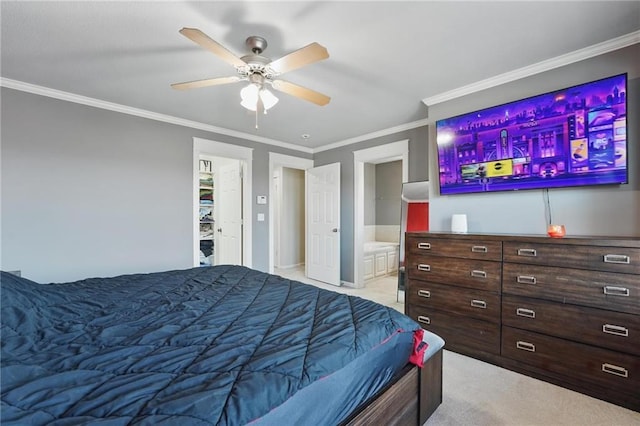 bedroom with crown molding, light carpet, a ceiling fan, and connected bathroom
