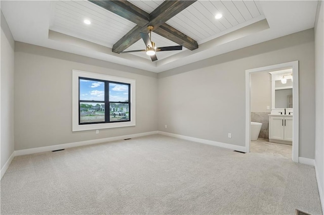 unfurnished bedroom with light colored carpet, baseboards, beam ceiling, wooden ceiling, and recessed lighting