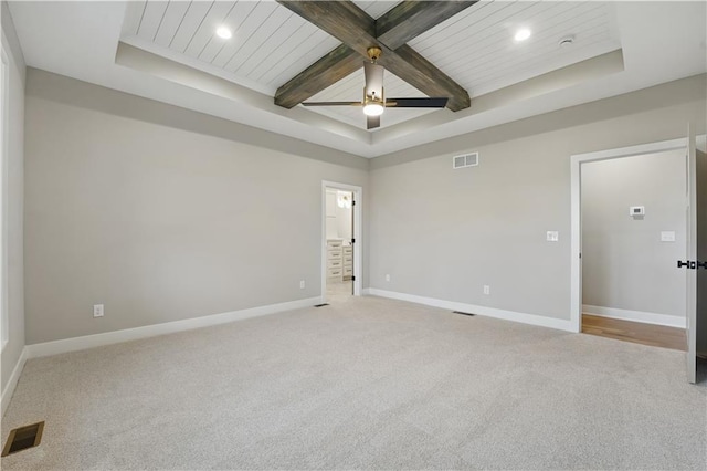 spare room featuring baseboards, light carpet, ceiling fan, beam ceiling, and recessed lighting