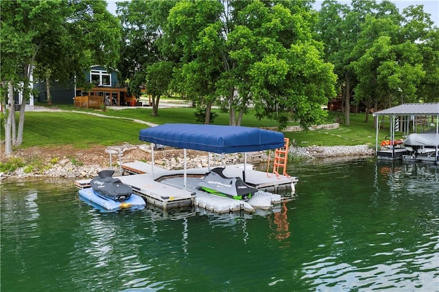 38 Lakeview Ln, Linn Valley, KS 66040 - dock area featuring boat lift, a water view, a yard, and view of wooded area
