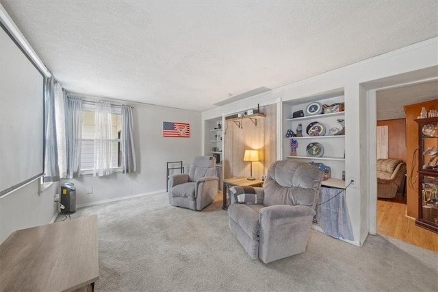 4401 N Holmes St, Kansas City, MO 64116 - carpeted living room featuring baseboards, built in features, and a textured ceiling