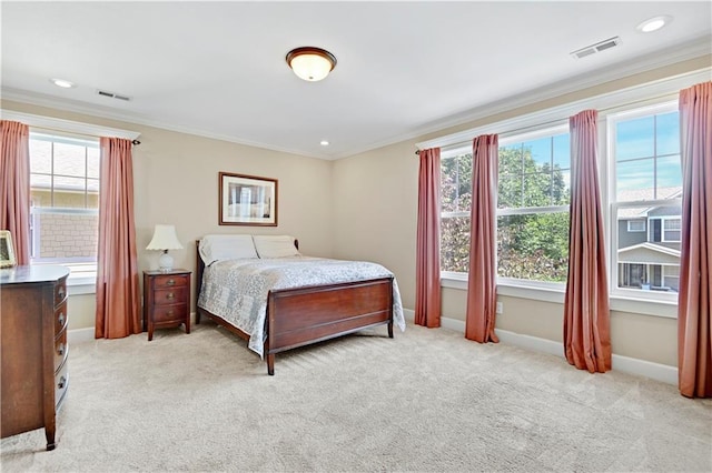 3205 SW Rockbridge Dr, Lees Summit, MO 64081 - bedroom featuring crown molding, baseboards, light carpet, and visible vents