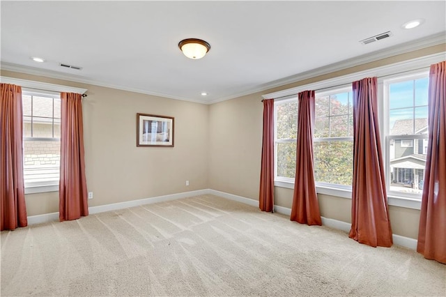 3205 SW Rockbridge Dr, Lees Summit, MO 64081 - empty room with crown molding, baseboards, visible vents, and light carpet