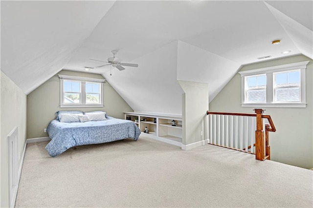 3205 SW Rockbridge Dr, Lees Summit, MO 64081 - carpeted bedroom featuring a ceiling fan, baseboards, vaulted ceiling, and visible vents