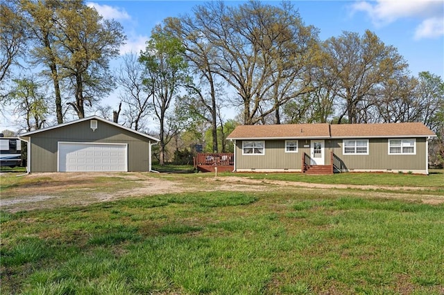 ranch-style house featuring an outdoor structure, a detached garage, dirt driveway, a front lawn, and a deck