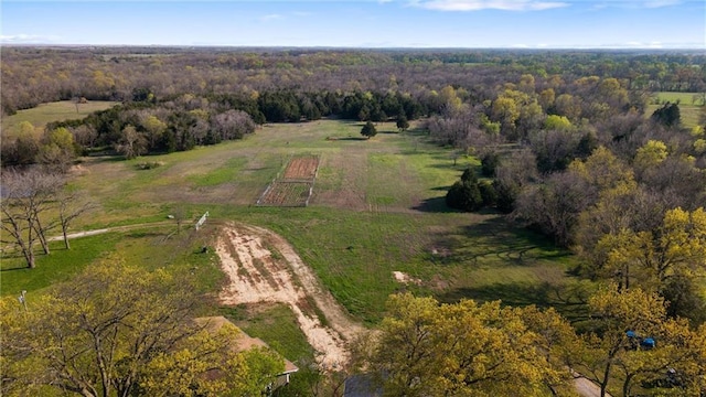 bird's eye view featuring a rural view and a forest view