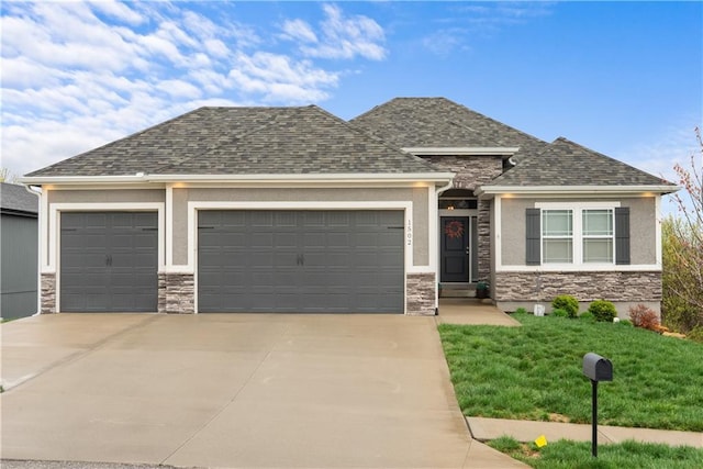 view of front of home with concrete driveway, a garage, stucco siding, and stone siding